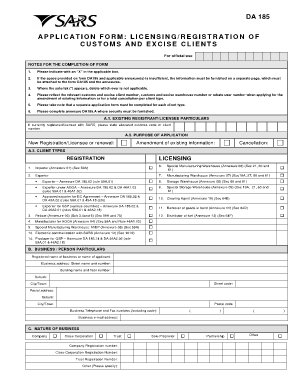 DA 185 Customs and Excise Client Licensing Form