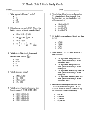 5th Grade Unit 2 Math Study Guide