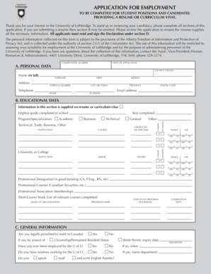 University of Lethbridge Student Employment Application
