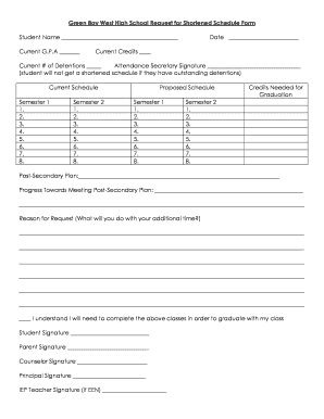 Green Bay West High School Request for Shortened Schedule Form