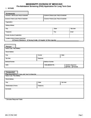 Mississippi Medicaid Long Term Care Pre-Admission Screening Application