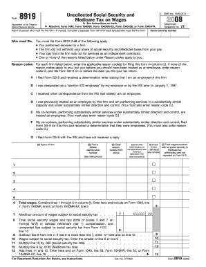2008 Form 8919. Uncollected Social Security and Medicare Tax on Wages