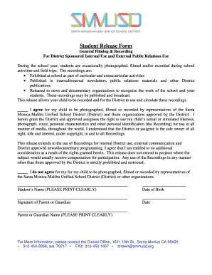 Student Release Form for Filming and Recording