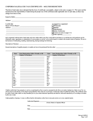 Uniform Sales & Use Tax Certificate