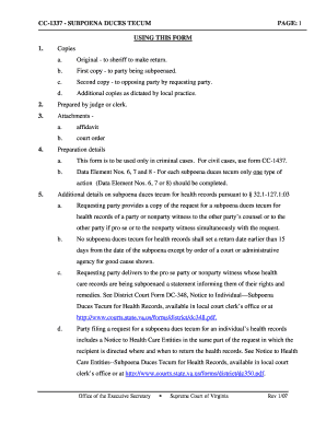 Virginia Subpoena Duces Tecum Form CC-1337