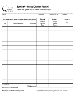 Cigarette Distributor Quarterly Reconciliation Report Schedule A