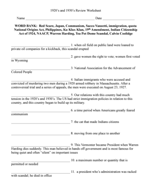 1920s and 1930s History Review Worksheet