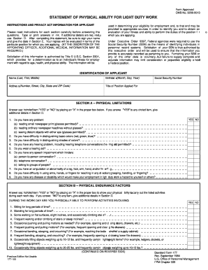 Statement of Physical Ability for Light Duty Work