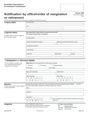 ASIC Form 370 - Notification of Resignation or Retirement