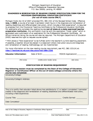 Michigan Reading Course Verification Form