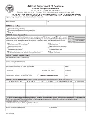 Arizona Transaction Privilege/Use/Withholding Tax License Update