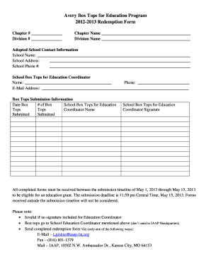 Box Tops for Education Redemption Form