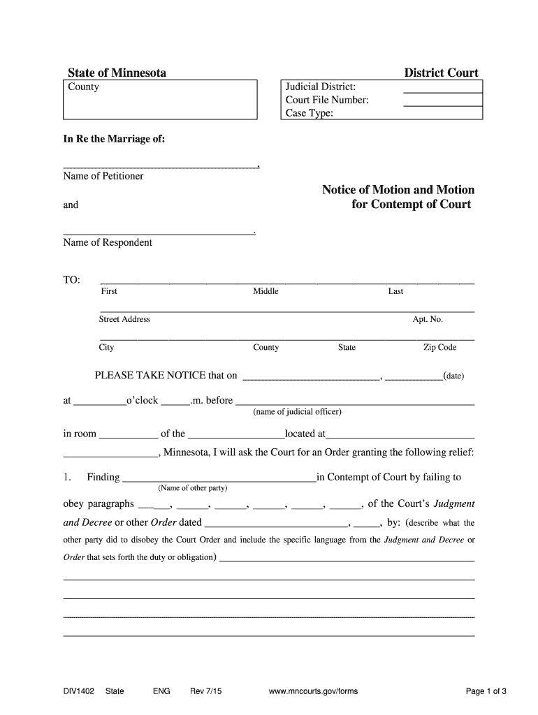 Fillable Online mncourts Notice of Motion and Motion for Contempt PDF