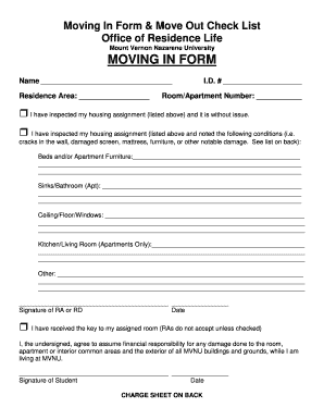 Mount Vernon Nazarene University Move In Form