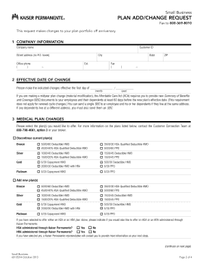Kaiser Permanente Small Business Plan Add/Change Request