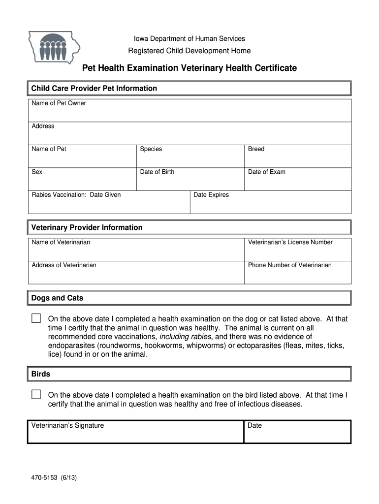 470-5153 Pet Health Examination Veterinary Health Certificate - dhs iowa Preview on Page 1