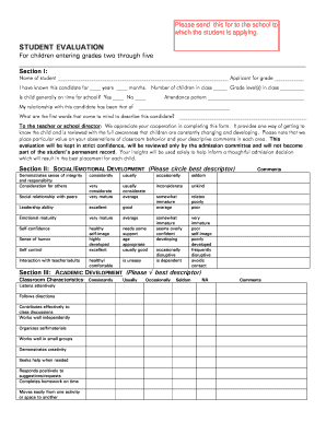 Student Evaluation Form for Grades Two to Five