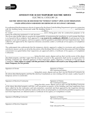 Affidavit for 30 Day Temporary Electric Service