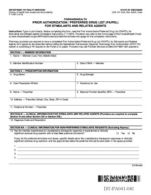 Wisconsin Prior Authorization Form for Stimulants