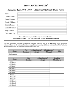 ACCESS for ELLs Additional Materials Order Form