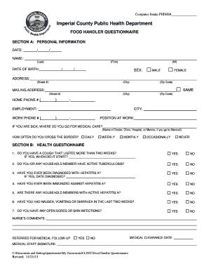 Food Handler Questionnaire