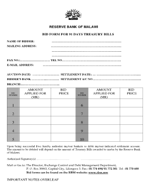 Malawi 91 Days Treasury Bill Bid Form
