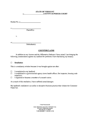 Vermont Tenant Counterclaims Form