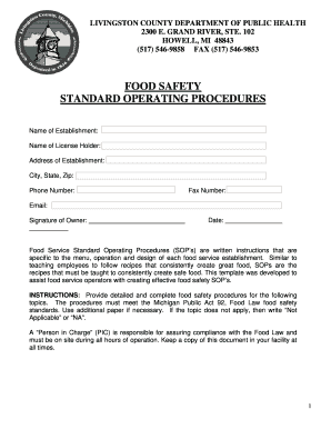 Michigan Food Service Standard Operating Procedures