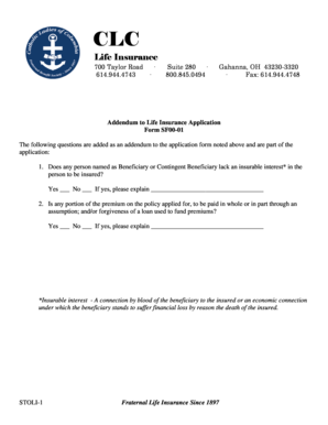 Addendum to Life Insurance Application