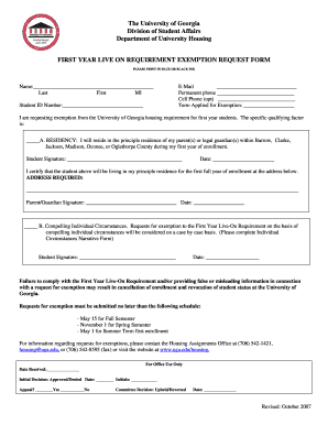 First Year Live On Requirement Exemption Request Form
