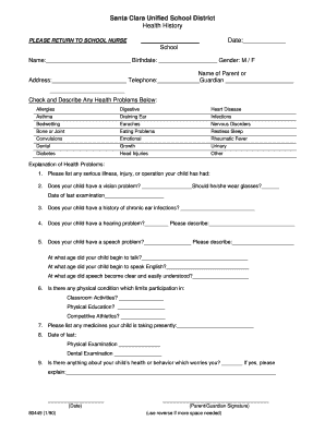 Santa Clara Health History Form