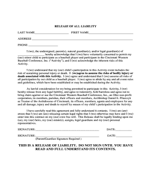 Baseball Liability Release Form