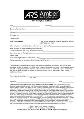 2010 California Racing Fuel Certificate