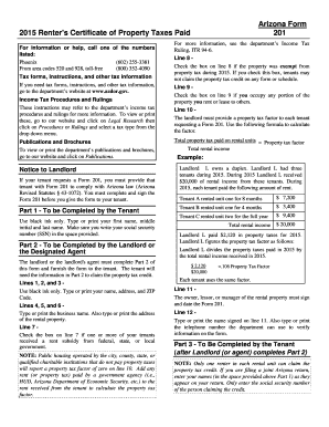 Arizona Form 201 Renter's Certificate of Property Taxes Paid