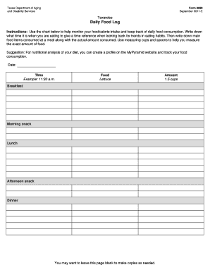 Texas Daily Food Log Form