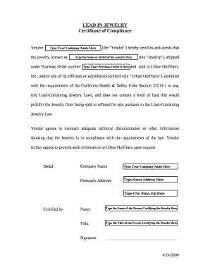 Jewelry Compliance Certificate