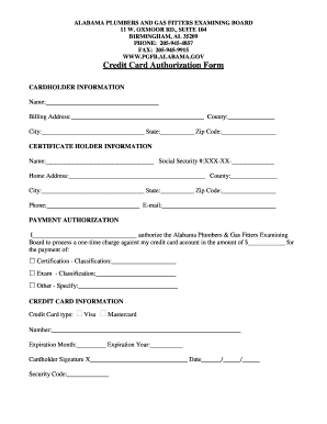 Alabama Plumbers and Gas Fitters Credit Card Authorization Form