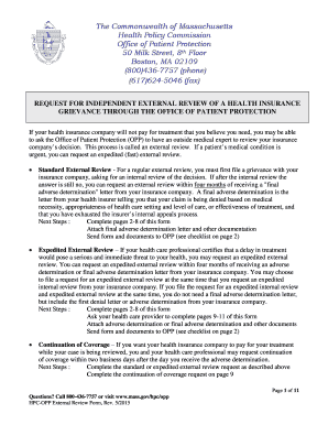 Massachusetts Health Insurance Grievance External Review Form