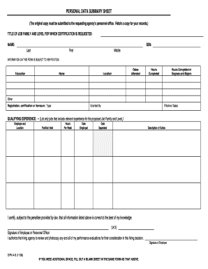 US Federal Personal Data Summary Sheet