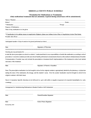Missoula County Public Schools Medication Permission Form