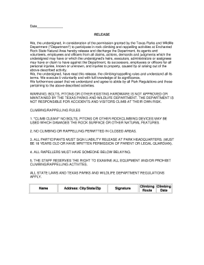 Texas Rock Climbing and Rappelling Release Form