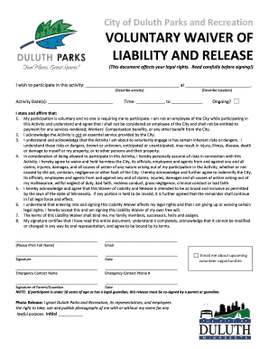 City of Duluth Parks and Recreation Liability Waiver