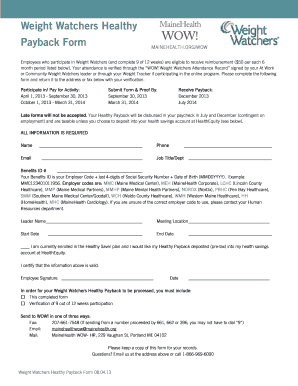 Weight Watchers Healthy Payback Form