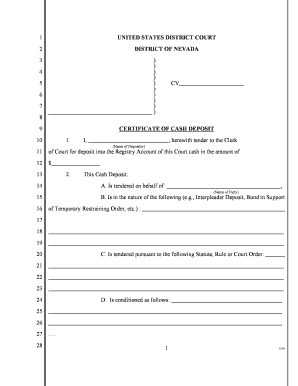Certificate of Cash Deposit