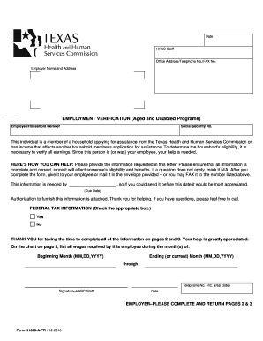 Employment Verification Form for Aged and Disabled Programs