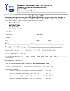 American Cancer Society Relay For Life Survivor Form