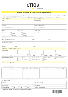 Traveller’s Personal Accident Insurance Proposal Form