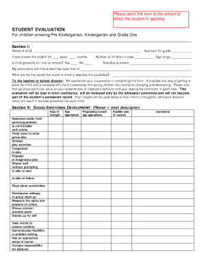 Student Evaluation Form for Independent Schools