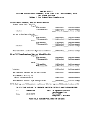 Stafford Master Promissory Note Order Sheet