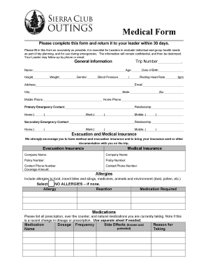 Medical Form for Trip Planning